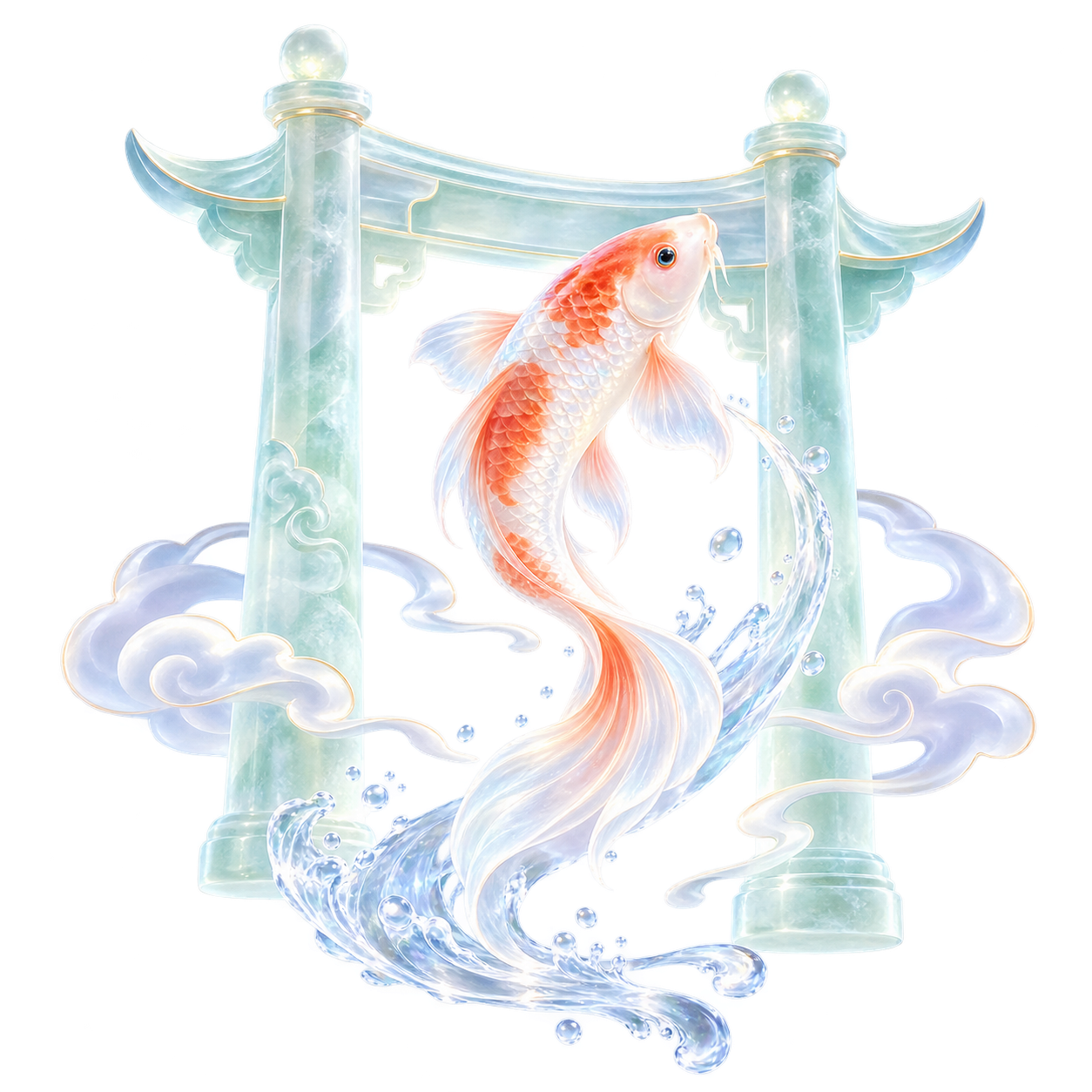 鲤云锦鲤跃过通透的琉璃龙门，水流与云雾环绕